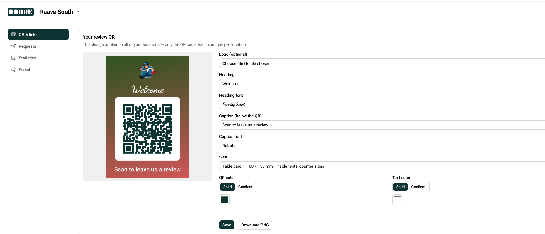 QR code designer with color, font, and branding controls