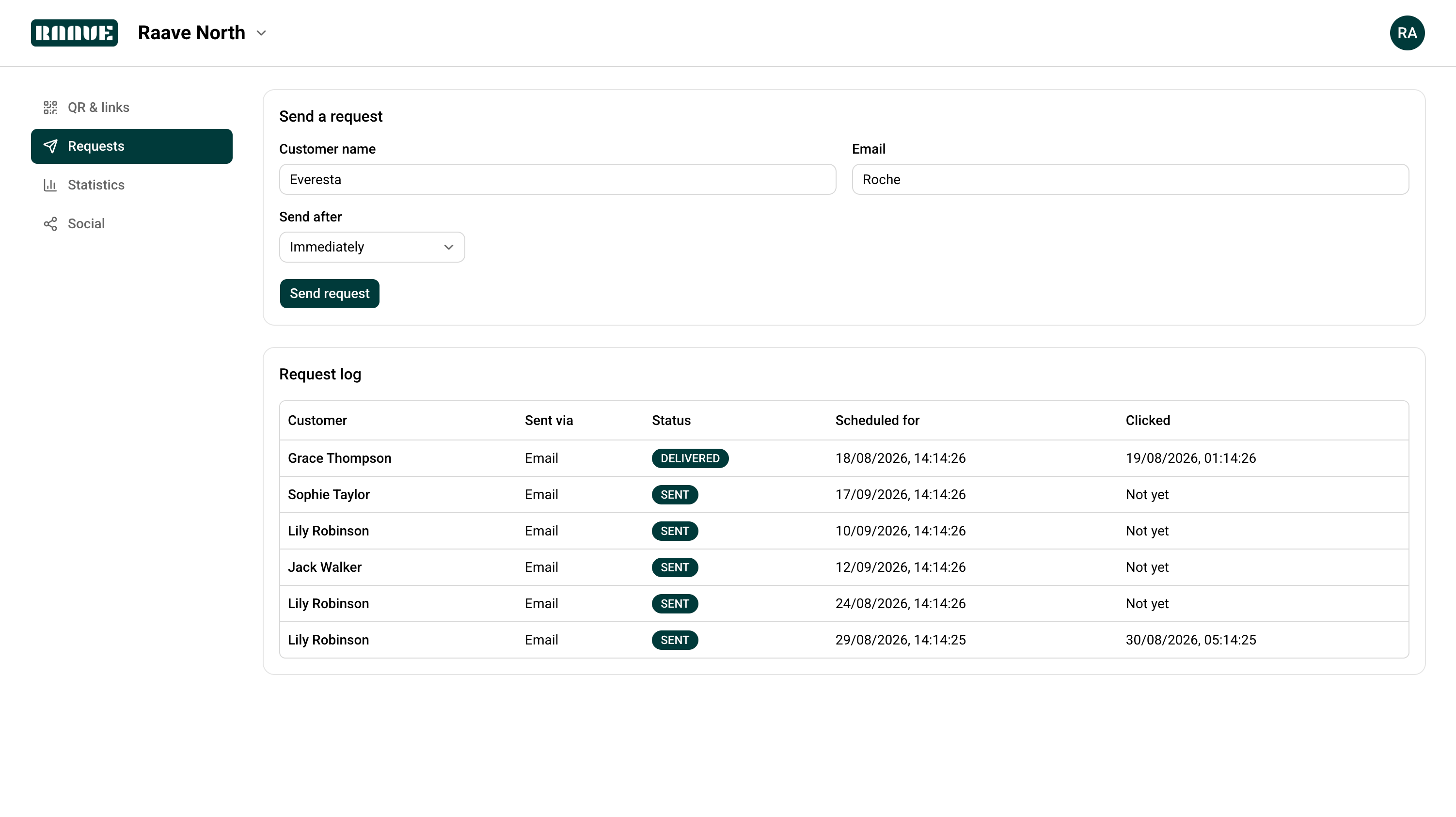 Send a review request form alongside a request log with delivery and click status
