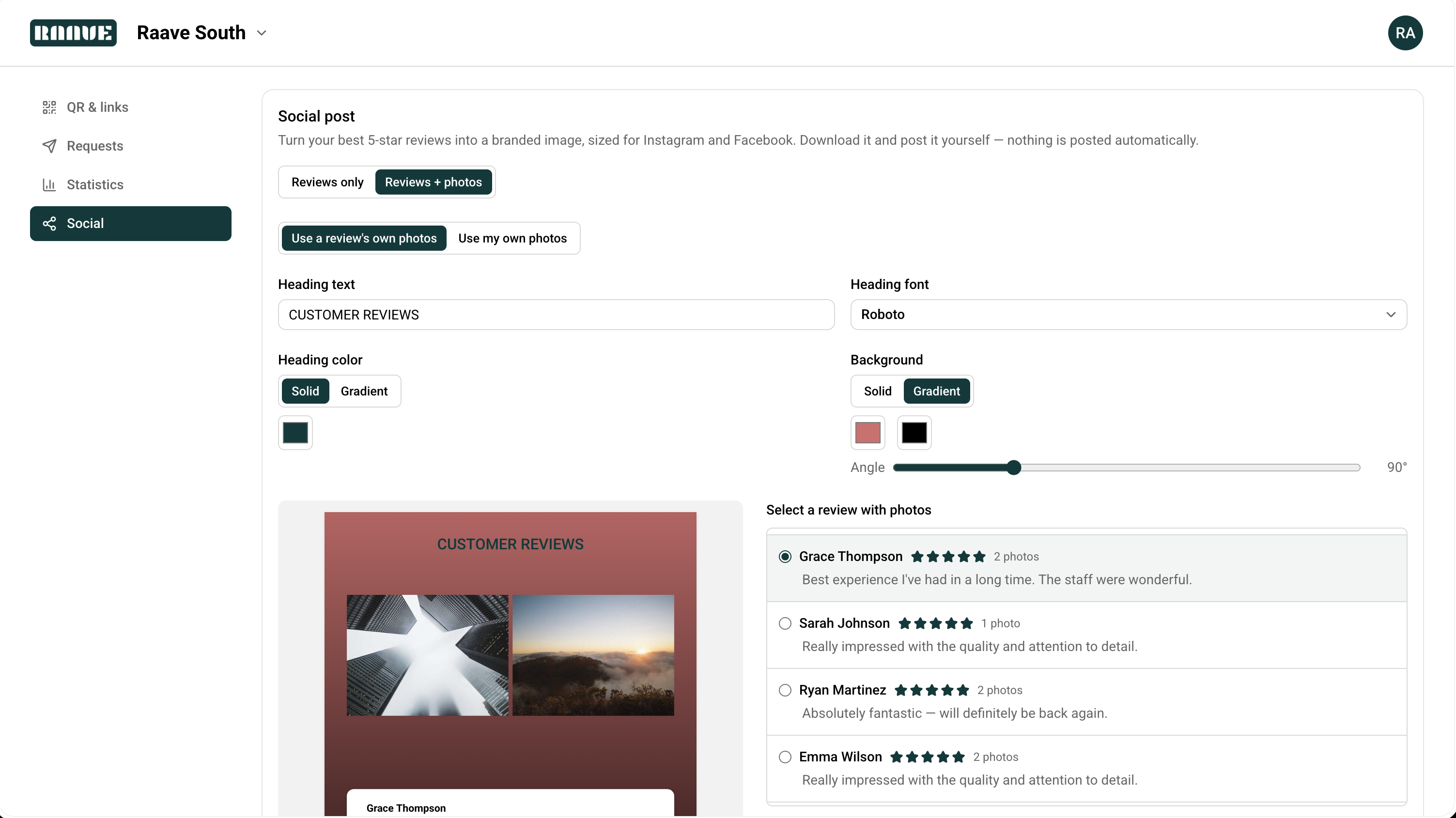 Social post generator turning a 5-star review into a branded, customizable graphic