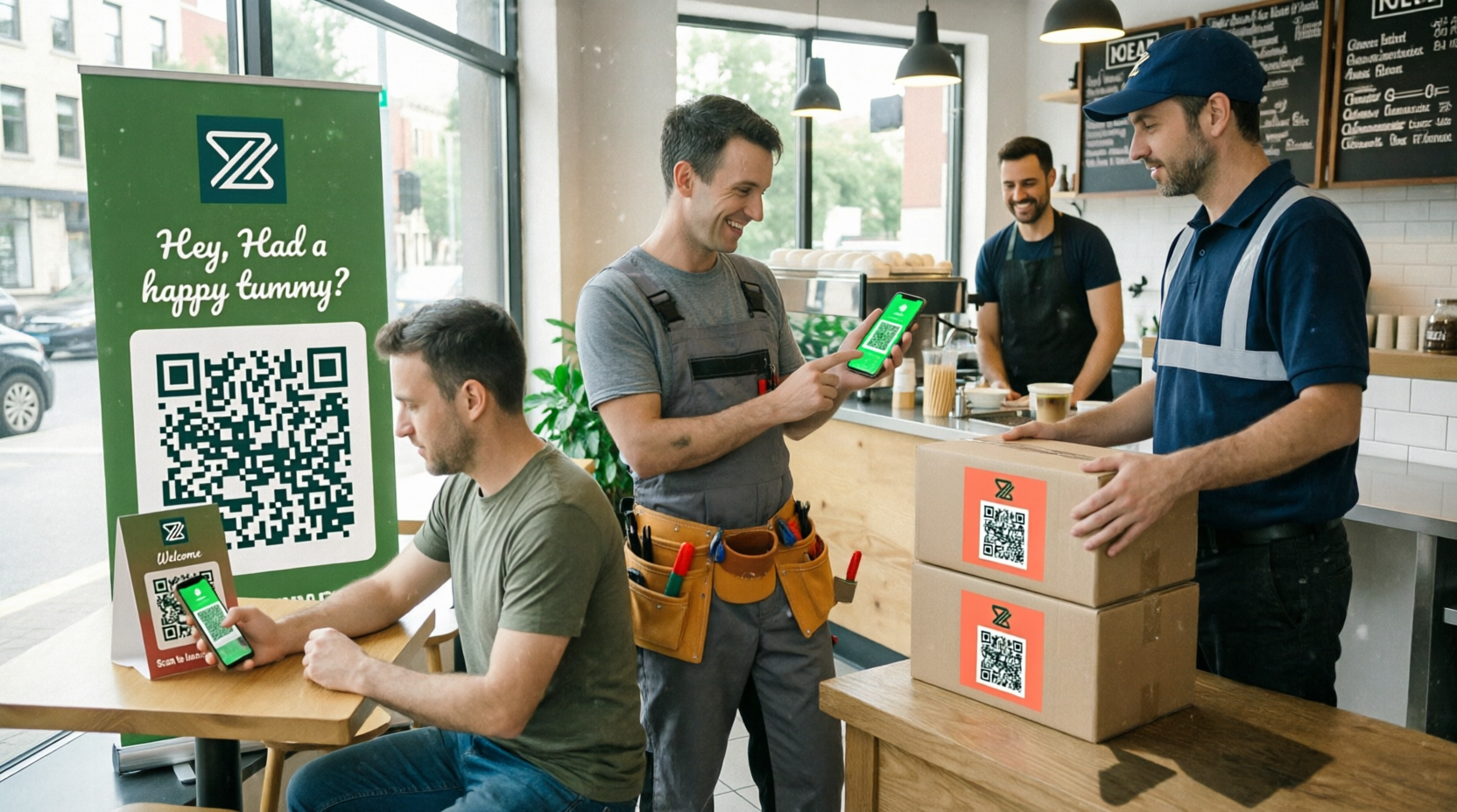 A customer scanning a Raave QR code at a cafe table, a roll-up banner asking for a review, and a delivery driver scanning a QR code on a shipping box